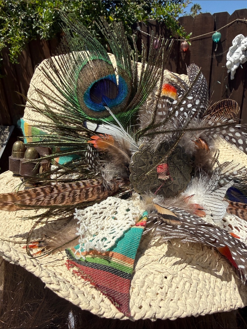 Custom straw cowboy hat w Peacock,feathers leather ,vintage cloth, card sheriff - Picture 7 of 17
